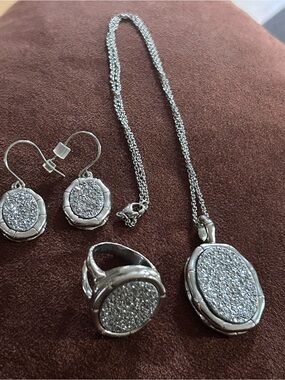 Kendra Scott Rhodium Plated Platinum Drusy 3-Pc Set Necklace Ring Earrings